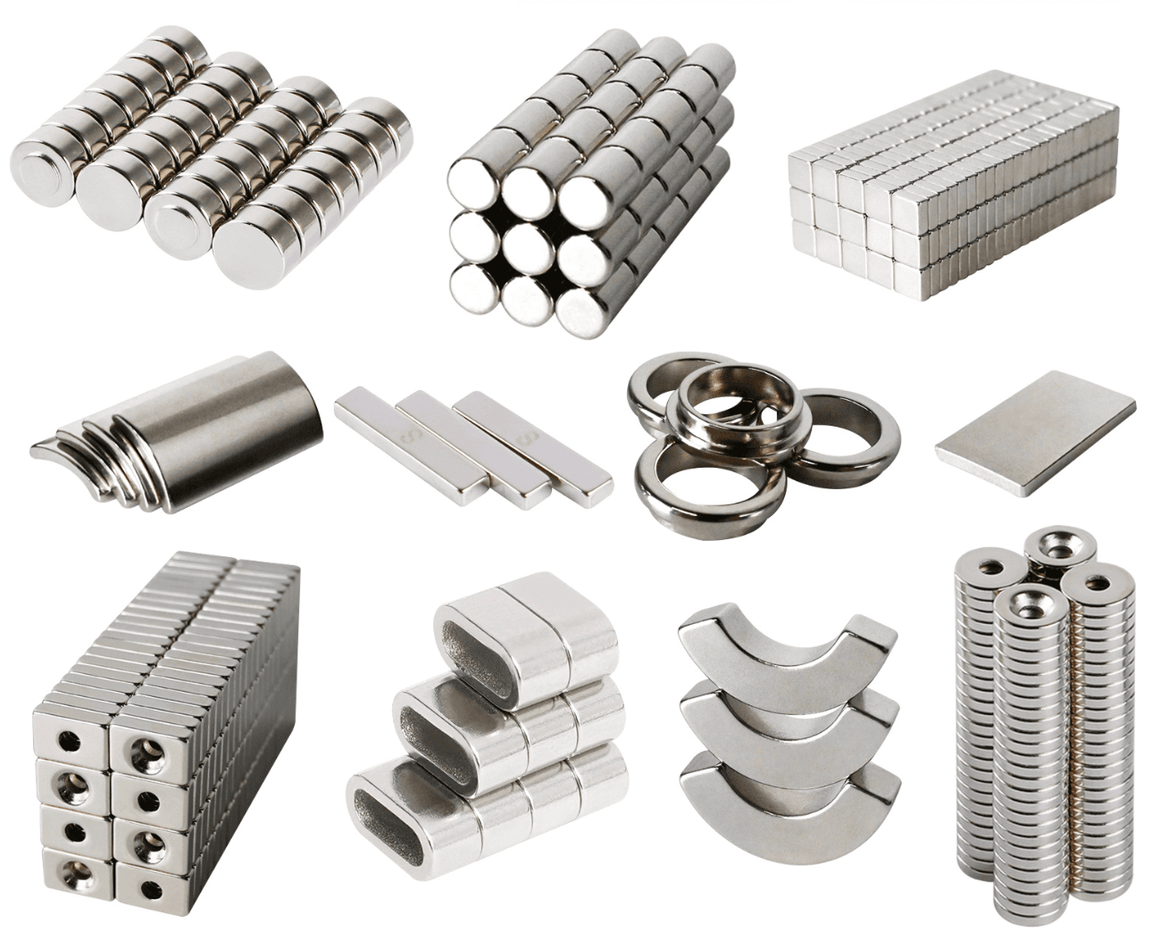 Various custom magnet shapes including discs, rings, arcs, blocks, bars, and countersunk magnets